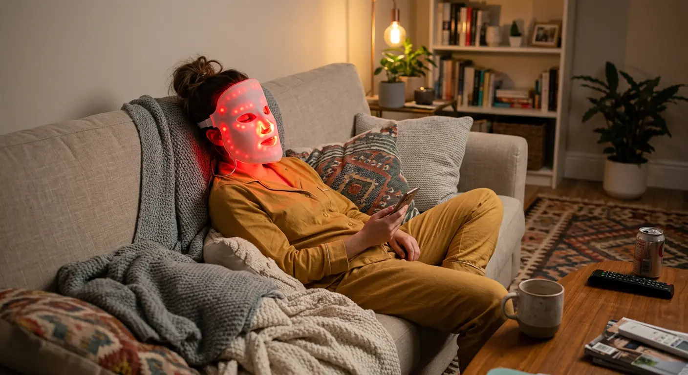 Red light mask in use