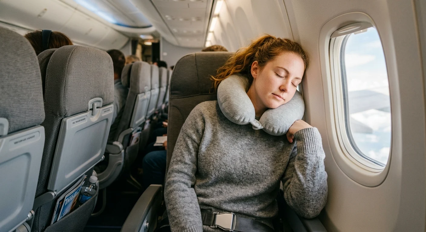 Woman sleeping comfortably on a plane with travel pillow