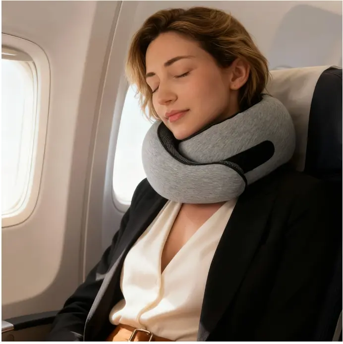 Woman sleeping comfortably on a plane with travel pillow