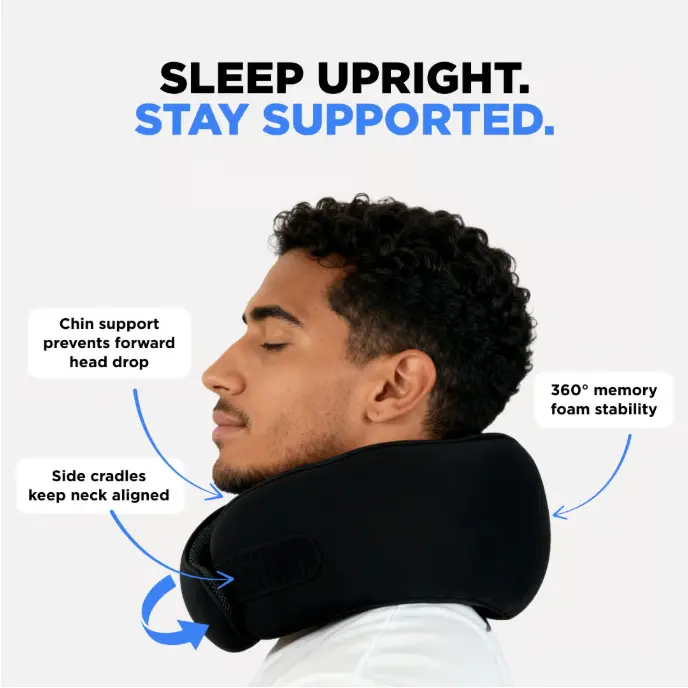 Woman sleeping comfortably on a plane with travel pillow